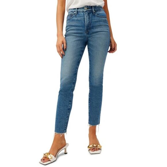 Good American Good Classic High Waist Raw Hem Jeans in Blue754 Size 14/32 - Picture 1 of 5